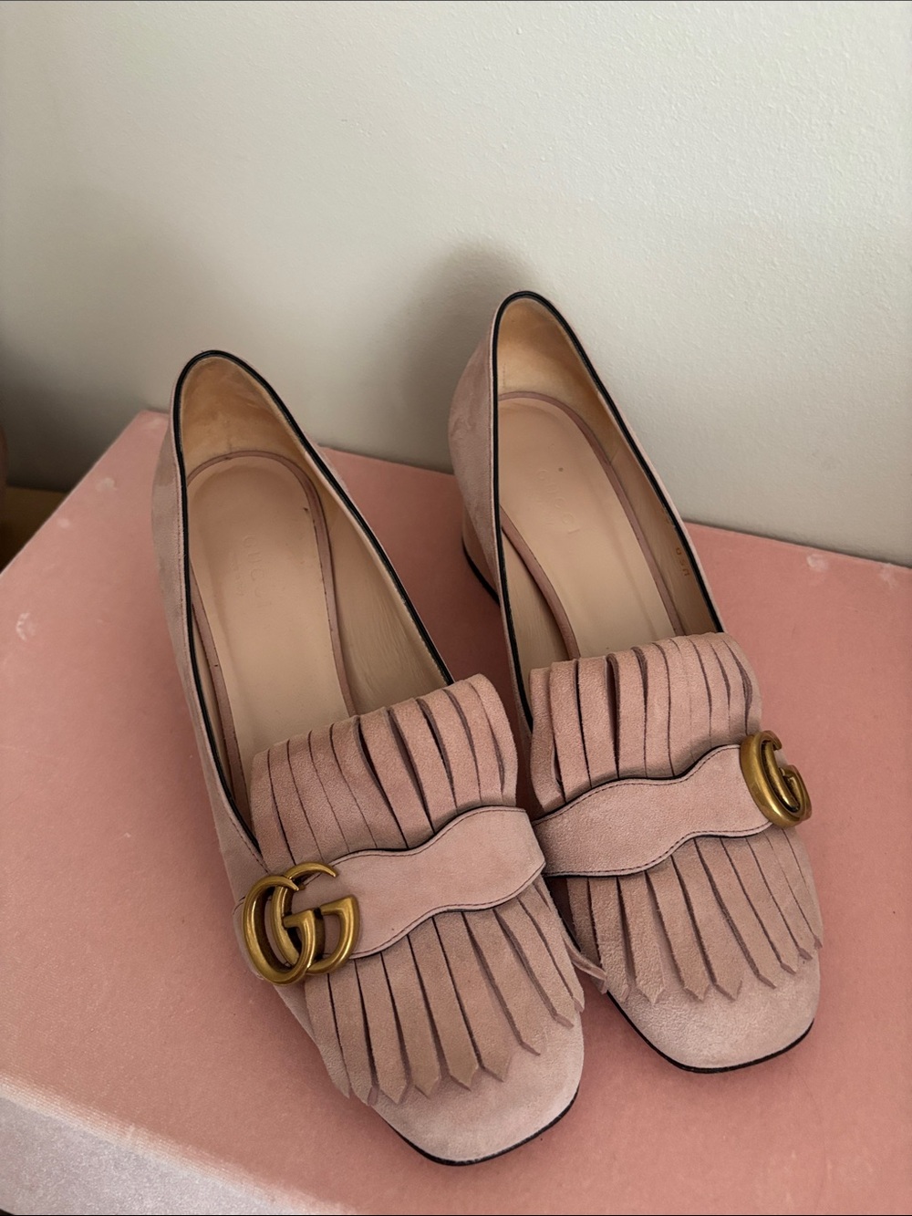 Gucci Pink Suede Fringe Heels with Gold Double G